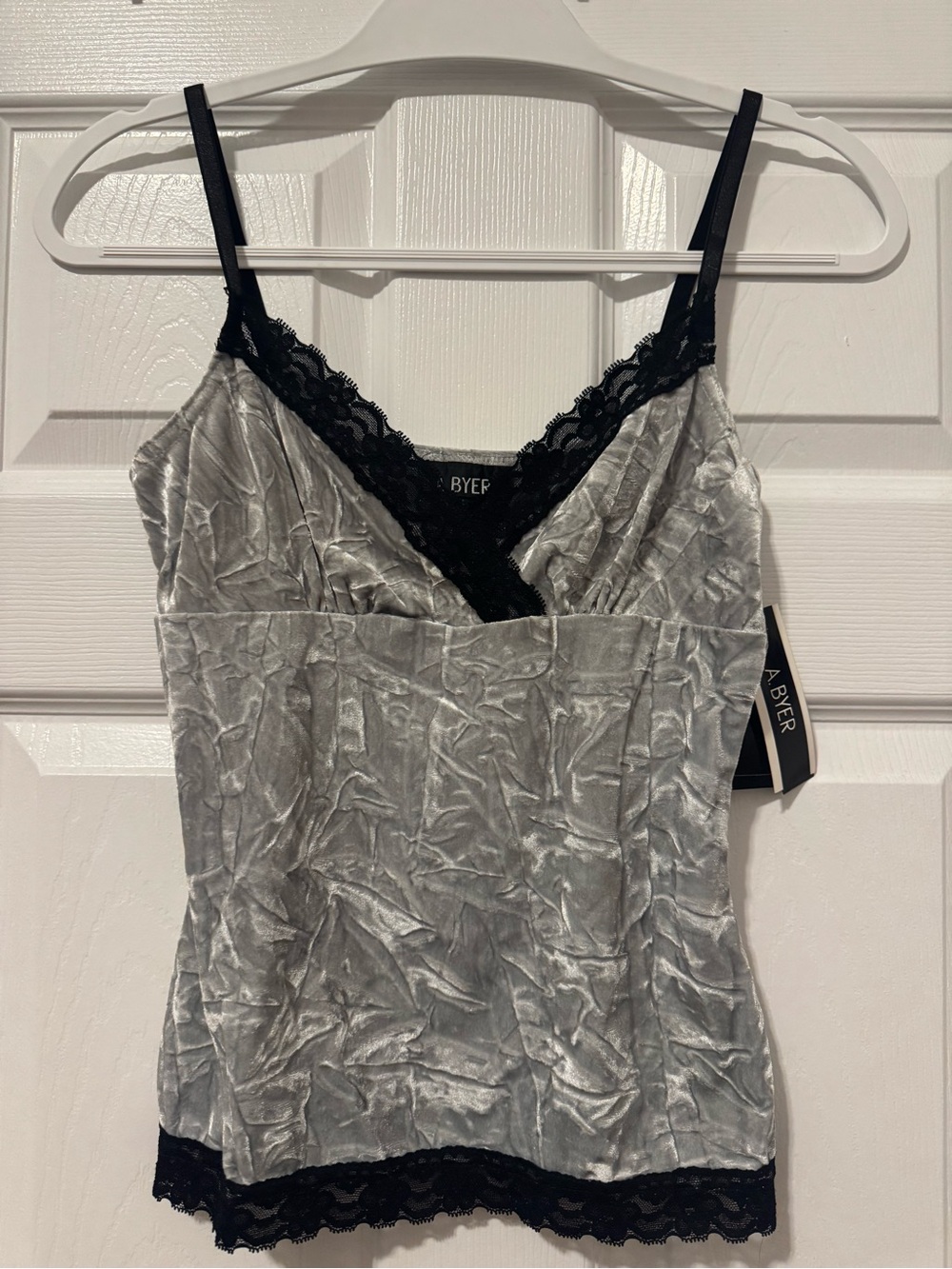 A. Byer Silver Crushed Velvet Cami with Black Lace